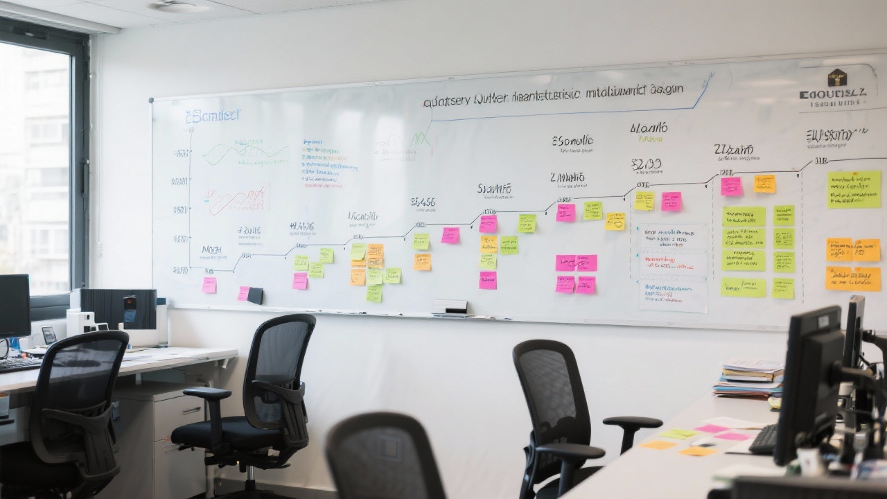 Research workspace with whiteboards full of macroeconomic indicators, timeline of Portuguese housing policies, and sticky notes outlining quarterly market intelligence agenda