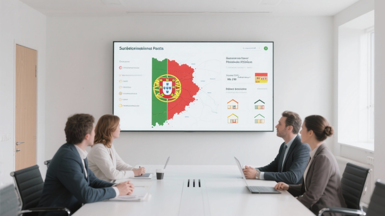 Minimalist meeting room with large screen displaying Portuguese demographic heatmap while consultants discuss sustainable housing investment scenarios and policy compliance