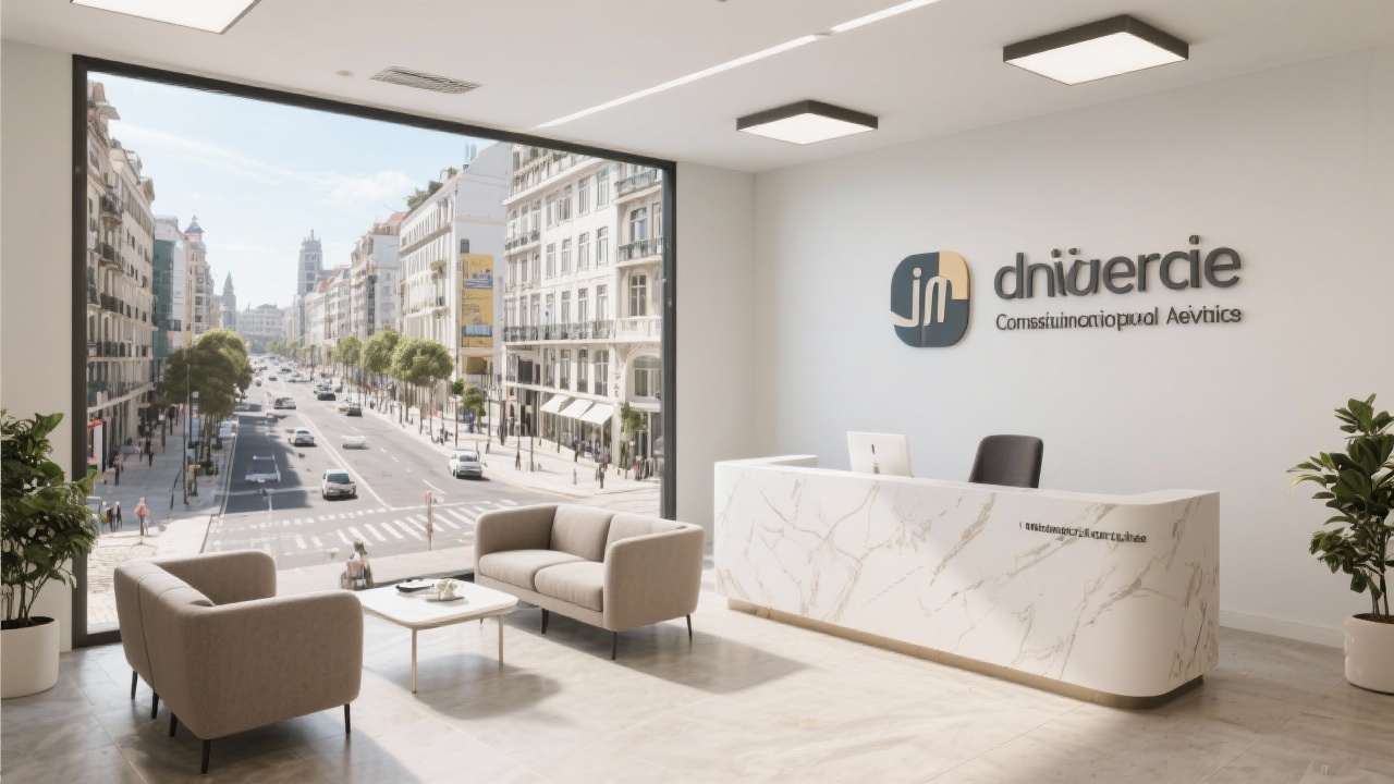Reception area of Lisbon consultancy office with signage, seating for investors, and large window overlooking Avenida da Liberdade business district
