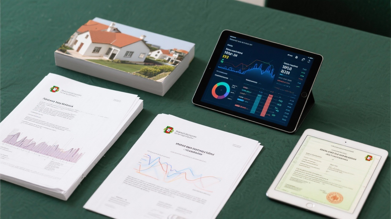 Printed valuation dossiers, compliance certificates, and digital tablets with dashboards summarizing investment committee deliverables for Portuguese housing transactions