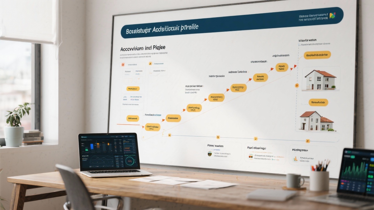 Workflow diagram displayed on architectural desk showcasing acquisition pipeline stages, risk checkpoints, and portfolio monitoring dashboards for Portuguese residential assets